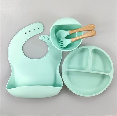 5pcs 環境に優しい赤ん坊養殖セット シリコン吸い鉢皿 スプーンフォークビーブ 幼児用